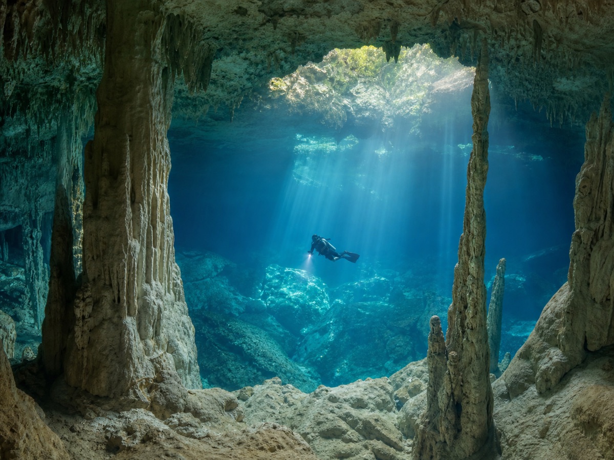 Natural light beams and limestone formations inside a Riviera Maya cenote
