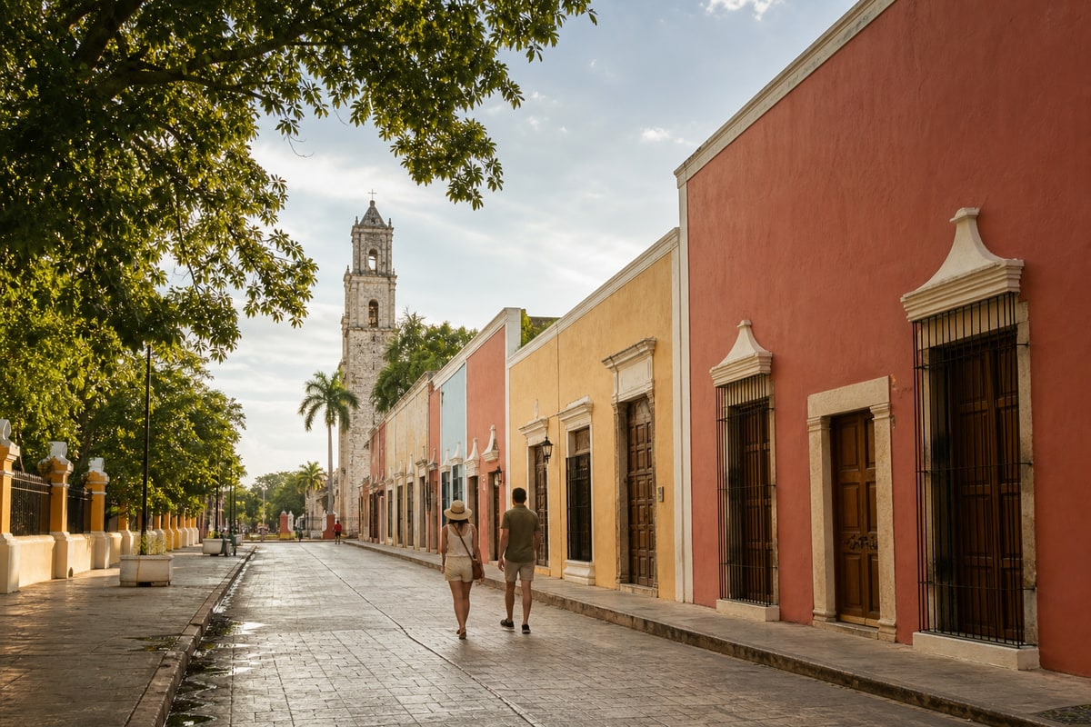 Colourful colonial street in Valladolid during a Yucatán full-day tour